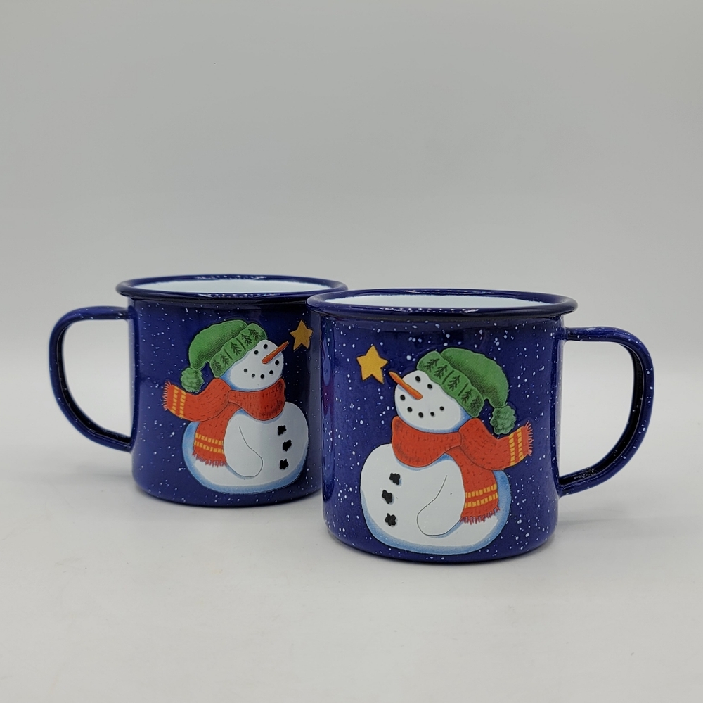 Gooseberry Patch Blue Enamelware Snowman Mugs Set Christmas Winter Camping Vtg